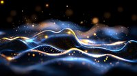 Glowing blue and gold wave particles flow in abstract dark background with bokeh light effects and shimmering dots creating dynamic motion pattern.