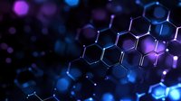 Glowing hexagonal molecular structure in dark blue and purple with bokeh light effects creates futuristic scientific background pattern.