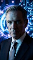 Senior male executive with gray hair and Caucasian ethnicity wearing dark business suit and tie against digital technology background with glowing circuit patterns and data visualization elements for corporate and tech industry use.