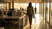 Professional businesswoman walking through modern office corridor during golden hour sunset with colleagues working in background.