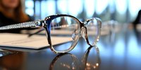 Modern eyeglasses with metal frame on wooden table surface against blurred background. Close-up view with shallow depth of field creates elegant bokeh effect.