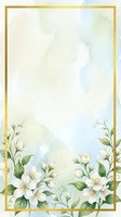 Elegant watercolor floral frame with white jasmine flowers and green leaves on soft pastel background for wedding invitations and greeting cards.