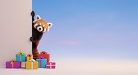 Animated red panda peeking around corner with colorful gift boxes below against blue sky background, suitable for holiday marketing and children's content.