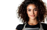 Young Hispanic woman barista wearing gray apron and black t-shirt smiling at camera with natural curly hair against white background, professional service industry portrait.