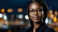 Professional African American businesswoman with glasses and braided hair smiling confidently against blurred city lights background at night.