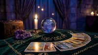 Mystical fortune telling setup with tarot cards, crystal ball, amethyst and candles on ornate table for divination and spiritual guidance sessions.