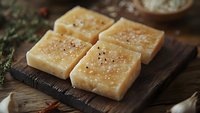 Handmade soap bars with sea salt and natural ingredients arranged on wooden board, artisanal bath and body care product for spa and wellness retail.