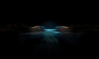 Futuristic digital landscape with glowing blue light grid extending to horizon against dark background, creating perspective and depth for technology concepts.