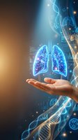 Digital holographic lungs floating above open palm with DNA helix and medical data visualization for healthcare technology and respiratory medicine concepts.