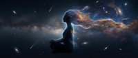Woman silhouette meditating in cosmic space with flowing hair and nebula colors against starry galaxy background for spiritual wellness designs.