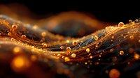 Abstract golden liquid wave with sparkling droplets and bokeh lights creating dynamic flowing motion against dark background for luxury design projects.