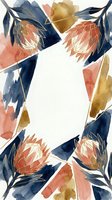 Watercolor protea flowers with gold line art frame, navy blue and terracotta brush strokes, elegant botanical card template.