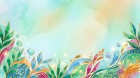 Colorful watercolor floral border with tropical leaves, bubbles, and golden accents on a soft pastel background with copy space.
