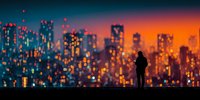 Silhouette of person standing against vibrant city skyline at sunset with bokeh lights creating dreamy urban atmosphere for contemplation and solitude.