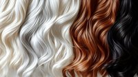 Wavy hair strands in different natural colors from platinum blonde to black arranged in vertical rows showing texture and shine for beauty and hairstyle design.