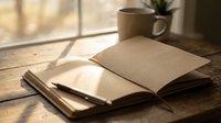 Open notebook with blank pages on wooden desk near window with coffee mug and plant, warm natural sunlight streaming across workspace, suitable for writing, journaling, education, and creative projects.
