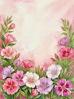 Watercolor floral border with pink, white, and purple blooms on a soft pastel background, perfect for greeting cards and invitations.