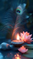 Peaceful meditation scene with burning oil lamp, lotus flowers and peacock feather creating serene spiritual atmosphere for wellness and mindfulness practices.