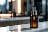 Amber glass dropper bottle on reflective surface with blurred modern interior background. Minimalist cosmetic packaging for skincare and aromatherapy products.