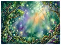 Enchanted forest clearing with ancient trees, glowing magical light rays, and mystical atmosphere, surrounded by lush vegetation and floating particles for fantasy, gaming, and creative design projects.