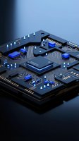 Advanced computer processor chip with blue LED lights and circuit board pathways for technology and electronics design projects.