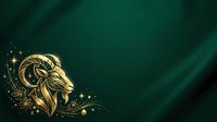 Aries zodiac sign symbol in gold with sparkling stars and decorative flourishes on deep teal background. Astrology and horoscope design element.