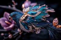 Luxurious blue and gold parrot brooch with crystals and enamel details on dark background with soft purple flowers, showcasing intricate jewelry craftsmanship.