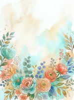 Watercolor floral arrangement with turquoise, coral, and gold blooms, green foliage, and scattered gold accents on soft cream background. Isolated design element for invitations, greeting cards, and decorative projects.