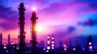 Industrial refinery towers silhouetted against vibrant purple and pink sunset sky with glowing lights and bokeh effect creating dramatic atmospheric scene.