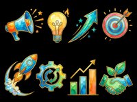 Colorful business growth icons set isolated on transparent background. Includes megaphone, lightbulb, rocket, target, startup, gear, chart and handshake. Ready for t-shirts, clipart, stickers and print-on-demand designs.