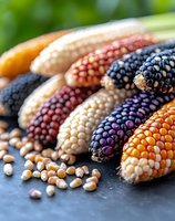 Colorful varieties of ornamental corn with purple, orange, white and red kernels arranged on dark background, scattered kernels in foreground, macro food photography.