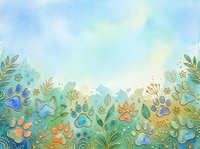 Colorful paw prints and botanical elements in watercolor style border design, suitable for pet-related projects, greeting cards, and animal-themed backgrounds.