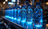 Glowing blue bottles with bubbles arranged in row create magical atmosphere with bokeh lights. Illuminated transparent containers on dark surface produce ethereal effect.