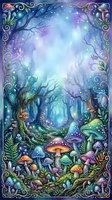 Enchanted forest scene with glowing mushrooms, twisted trees, and magical lights under starry sky, surrounded by ornate decorative border with swirling vines and botanical elements.
