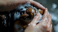 Close up of wet dog nose and caring human hands washing and grooming pet, soap bubbles and water drops, emotional bond between owner and animal companion.