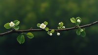 Delicate white spring blossoms on branch with fresh green leaves against dark bokeh background, natural floral composition for garden and nature designs.
