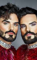 Middle Eastern men with beards wearing glamorous makeup, rhinestone chokers and red feathered fashion garments against gray background. Portrait showcases gender-fluid style.