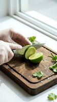 Chef in white latex gloves slicing fresh lime on wooden cutting board with cilantro, bright kitchen window light, food preparation and cooking concept.