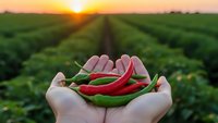 Fresh red chili peppers held in cupped hands over green agricultural field at golden sunset, organic farming and spicy vegetable harvest concept.