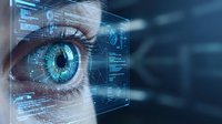 Futuristic digital eye with holographic interface overlay displaying data analytics and cybernetic technology for artificial intelligence concepts.