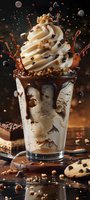 Decadent milkshake with whips, cookie crumbles and chocolate chips against dark background with dynamic splash effects.