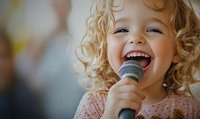 Joyful young girl with curly blonde hair singing into microphone, wearing pink dress, expressing pure happiness and excitement during performance.