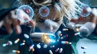 Young blonde woman scientist examining glowing molecular structures and pharmaceutical capsules in futuristic laboratory research environment.