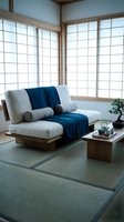 Minimalist living room with low-profile wooden sofa, cream and navy blue cushions, tatami mat flooring, and large gridded windows for serene interior design inspiration.