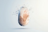 Disintegrating fingerprint with digital particles scattering in light background, representing biometric security, identity protection and data privacy concept.