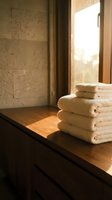 Stacked cream towels on wooden windowsill with natural sunlight streaming through open window, spa and hospitality design element.