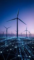 Wind turbines in a field with digital network overlay at dusk, representing renewable energy and smart grid technology for sustainable power generation and environmental solutions.