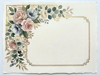 Vintage floral corner arrangement with roses, eucalyptus, and ornamental gold frame border on cream background. Suitable for invitations and stationery design.