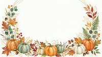Autumn harvest wreath with pumpkins, gourds, fall leaves, and botanical elements on isolated white background for seasonal designs.