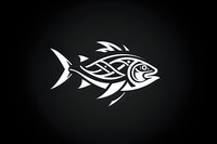 White tribal style fish silhouette with Celtic knot pattern design on black background, isolated graphic element for logo and decorative purposes.
